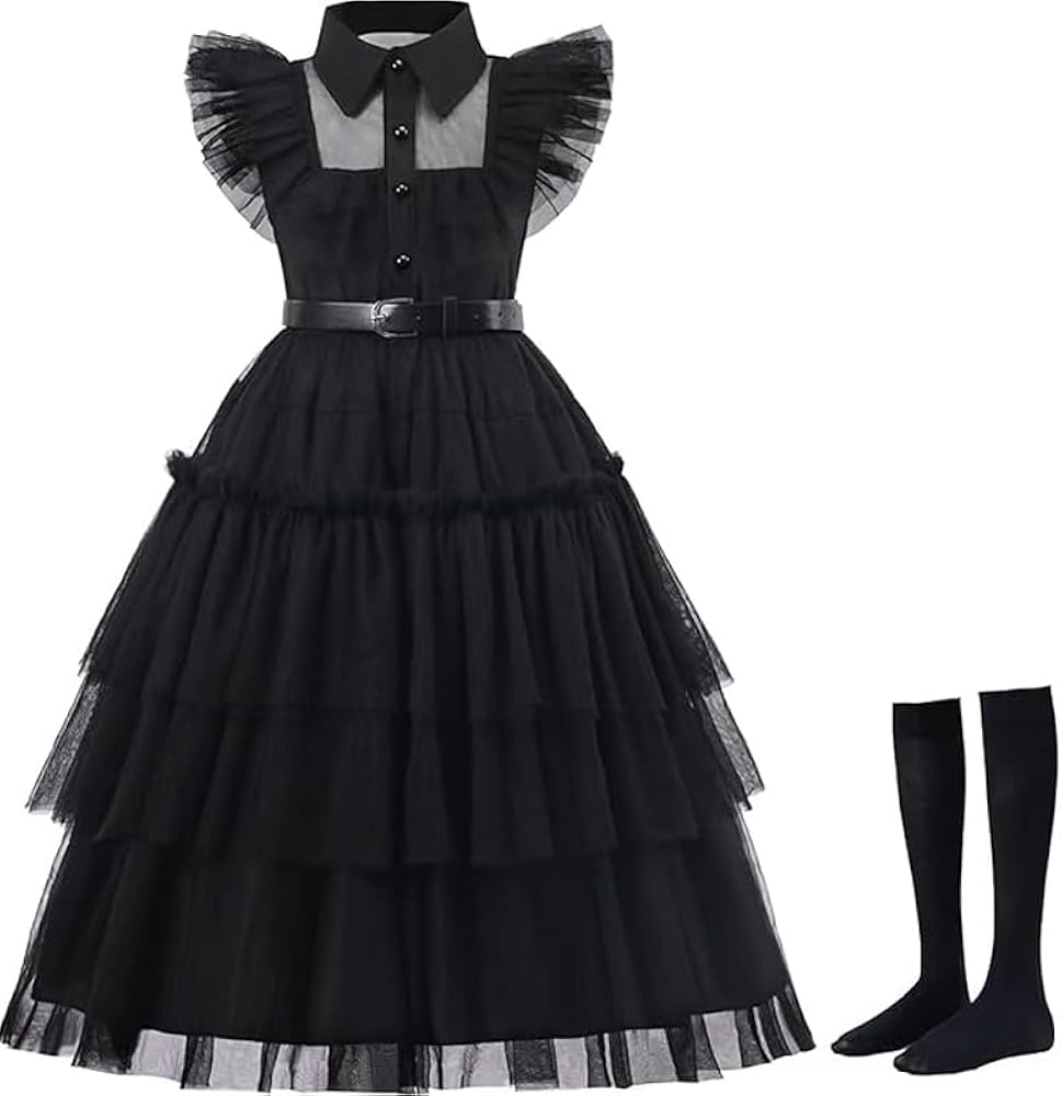 Girls Black Gothic Dress Halloween Party Casual Dresses 3-13 Years