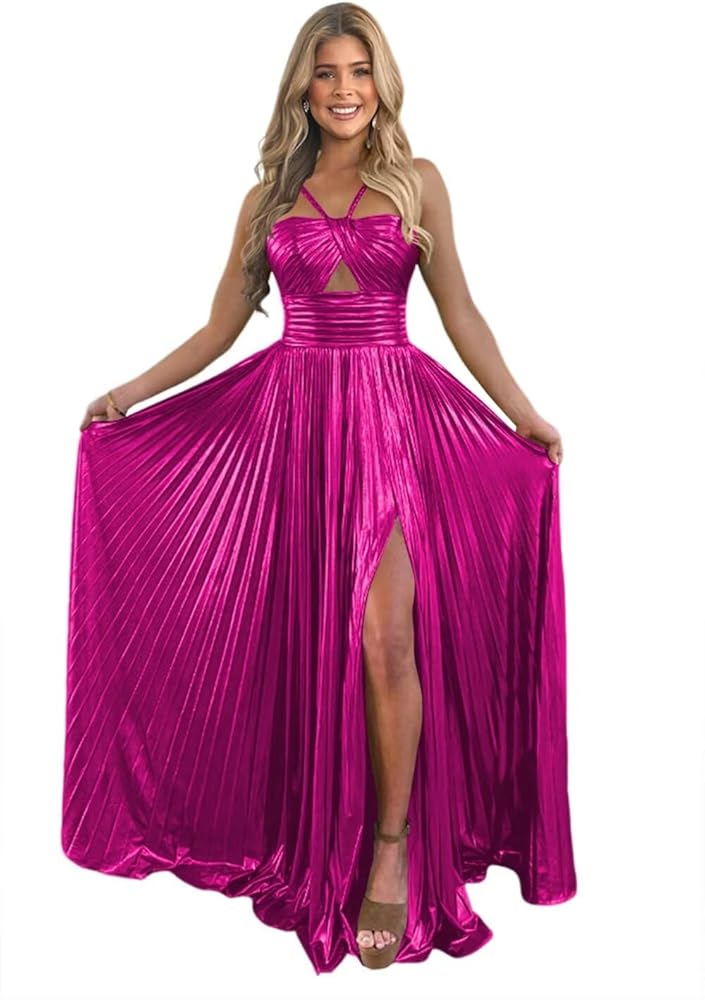 Miao Duo Metallic Sparkly Satin Prom Dress with Slit for Women Halter Pleated Evening Formal Gown YZTS136