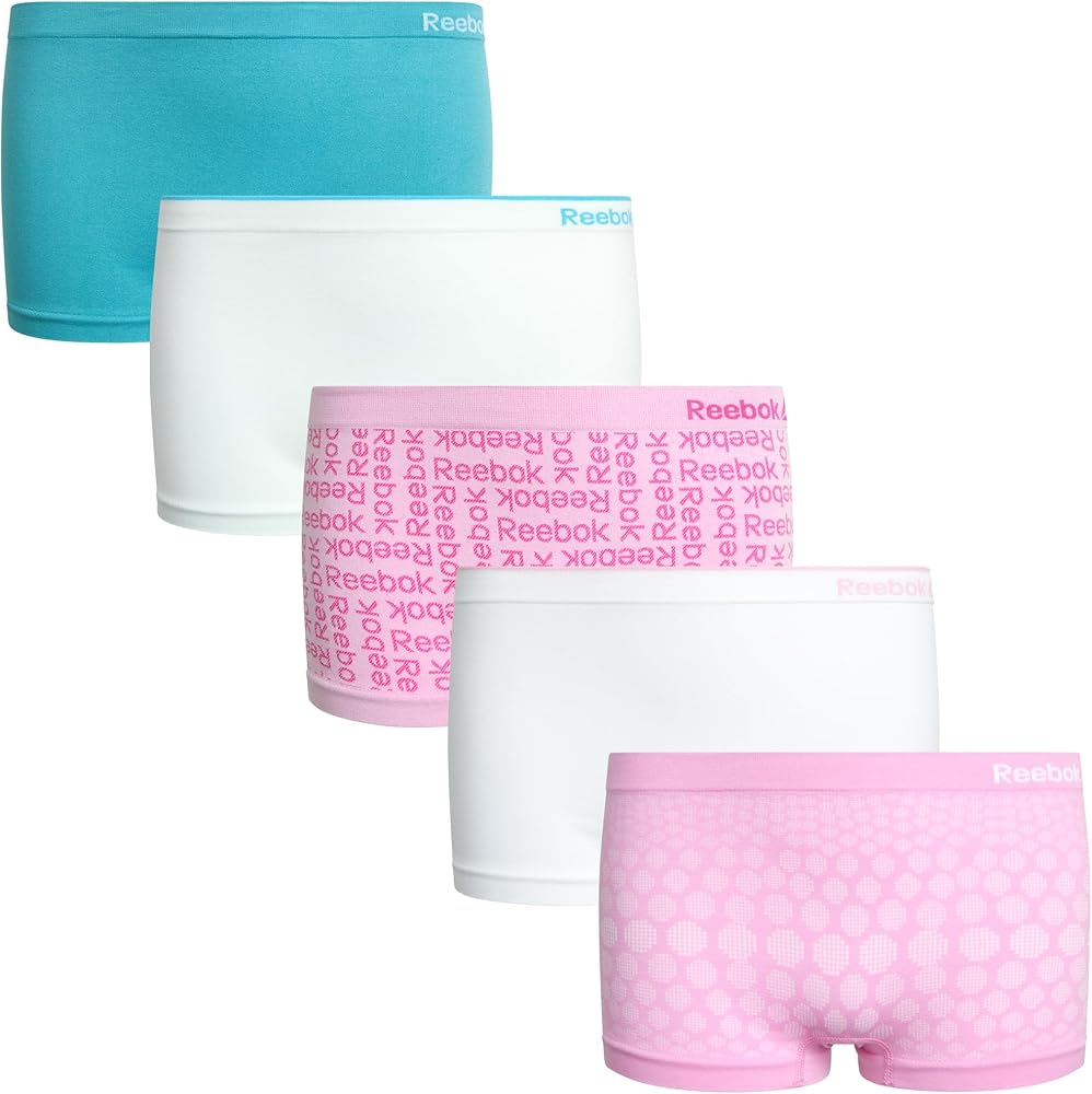 Reebok Girls' Boyshorts Underwear - 5 Pack Soft Seamless Girls Panties Boy Shorts - Breathable Panties for Girls (6-16)