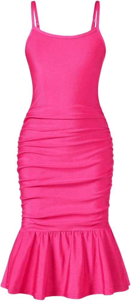 OYOANGLE Girl's Spaghetti Strap Backless Cami Dress Ruched Ruffle Hem Bodycon Midi Dresses