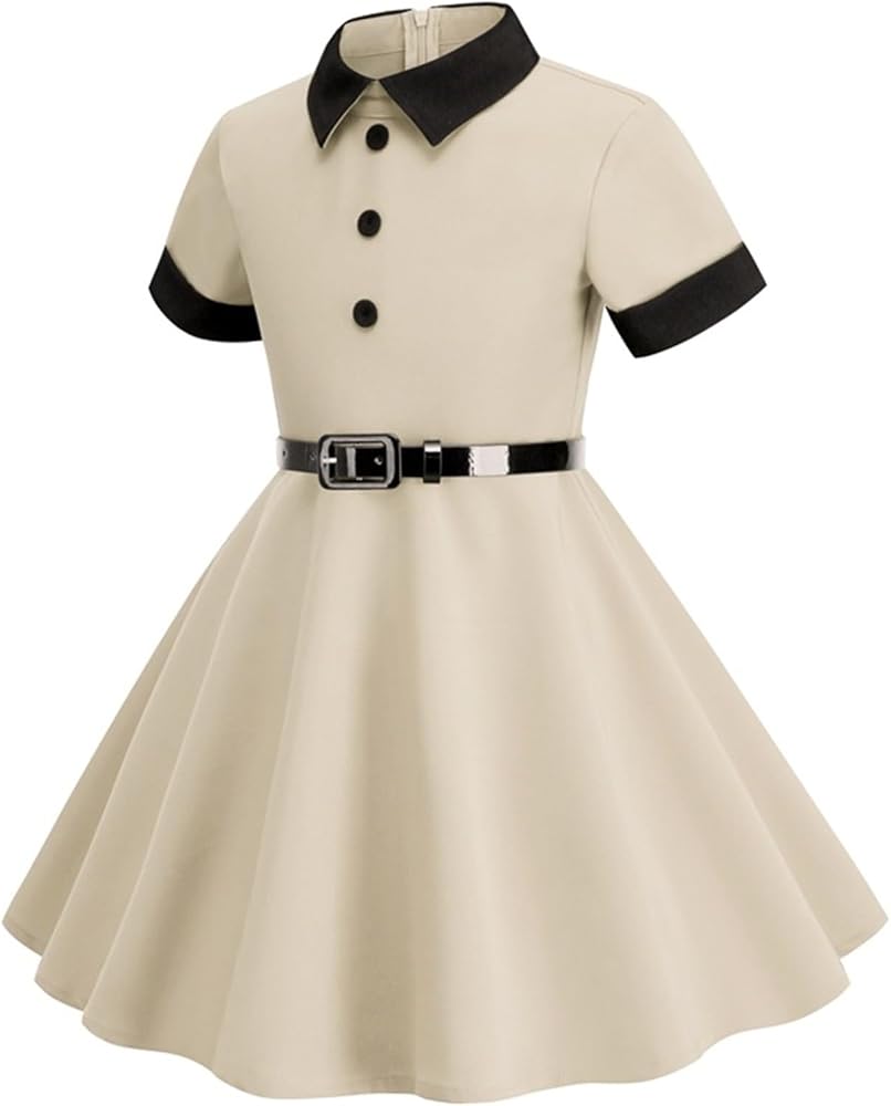 Girls Vintage Dresses 50's Retro Short Sleeve Party Dress Outfit with Belt Lapel Collar Prom Midi Evening Gown