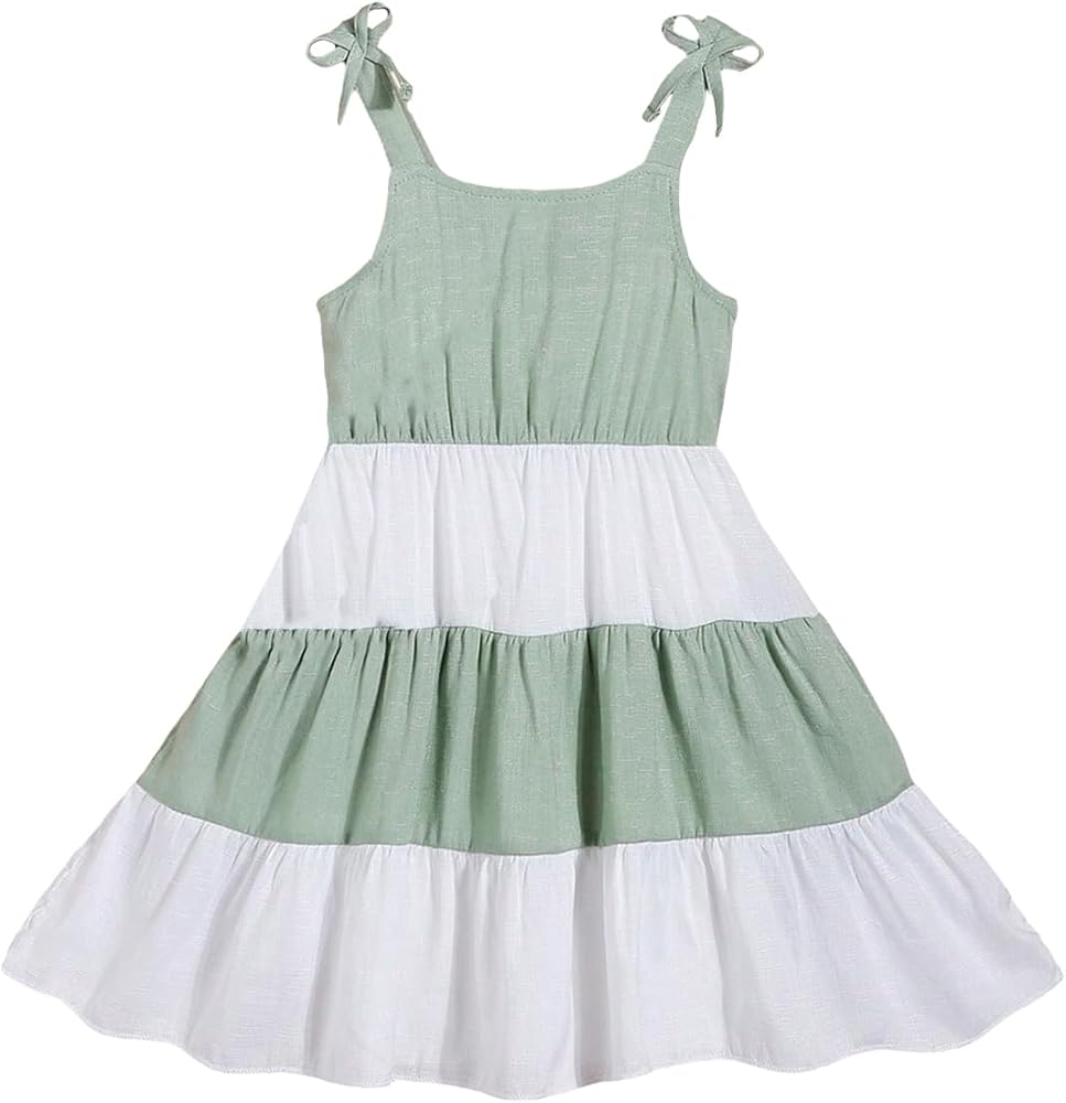 Girl's Colorblock Ruffle Hem Cami Dress Sleeveless Square Neck High Waist A Line Dresses with Bag