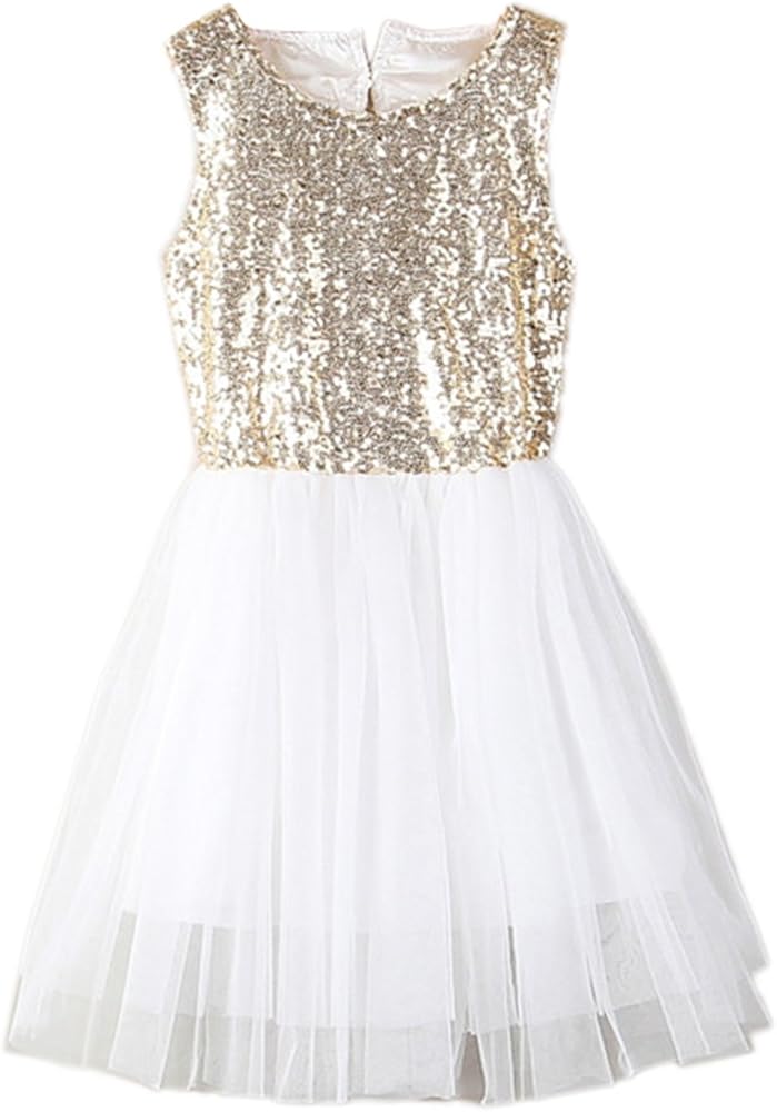 stylesilove Toddler Kids Gold Sequin Tulle Heart-Shape Back Sleeveless Flower Girl Dress