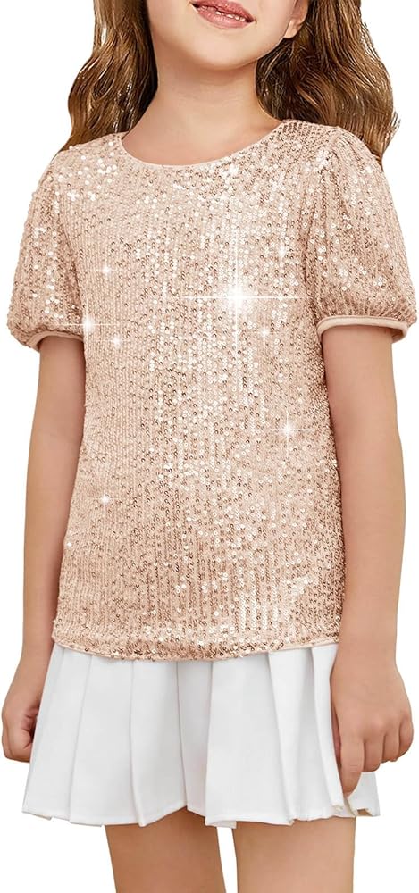 Haloumoning Girls Sequin T-Shirts Short Puff Sleeve Tunic Tops Glitter Summer Blouses 5-14 Years