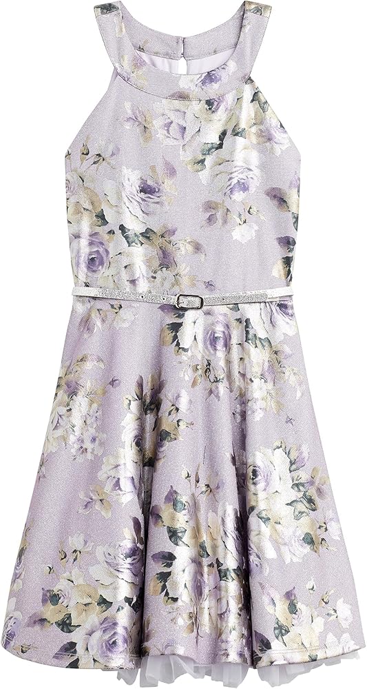 Beautees Girls' Floral Skater Party Dress with Belt