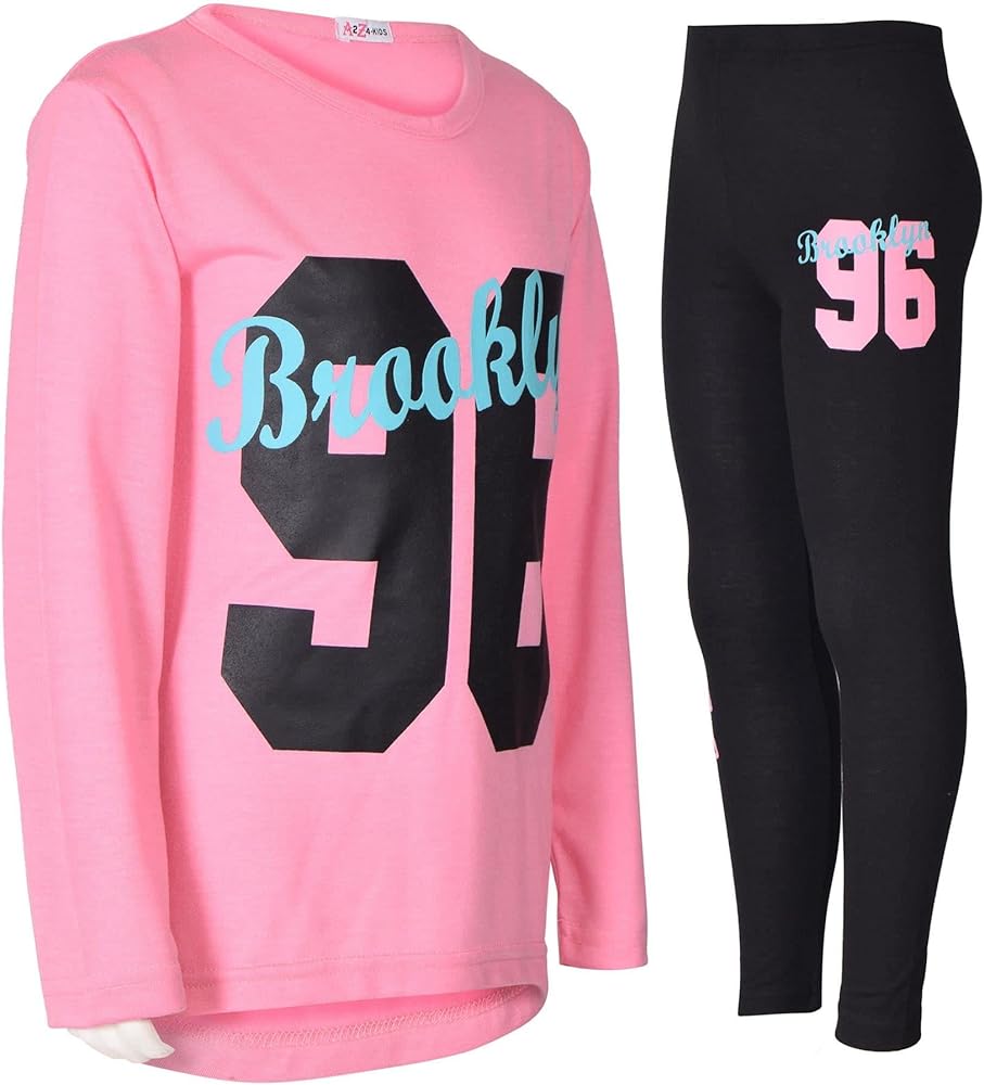 Girls Top Kids Brooklyn Print Trendy Long Sleeves Contrast T Shirt Tops & Fashion Legging Set Age 5-13 Years