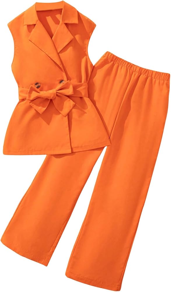 Floerns Girl's Two Piece Outfit Sleeveless Blazer Jacket Wide Leg Pants Clothing Set