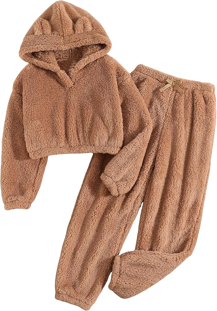 SOLY HUX Girl's Bear Ear Fuzzy Drop Shoulder Hoodie Sweatshirt with Sweatpants Two Piece Outfit