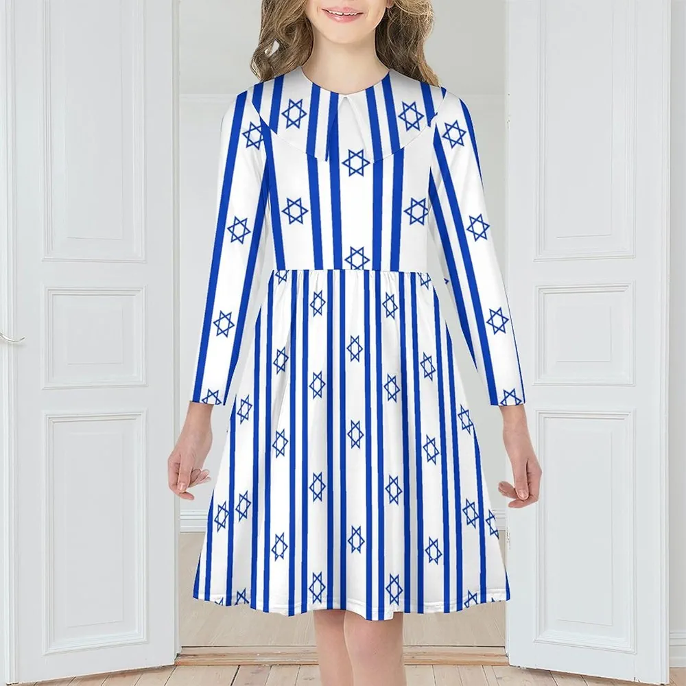 Israel Flag Shaped Girls Dress Long Sleeve Short Dress Swing Casual Party Dresses