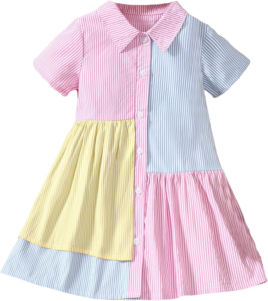 SOLY HUX Toddler Girl's Shirt Dress Striped Color Block Button Down Short Sleeve Short Dresses