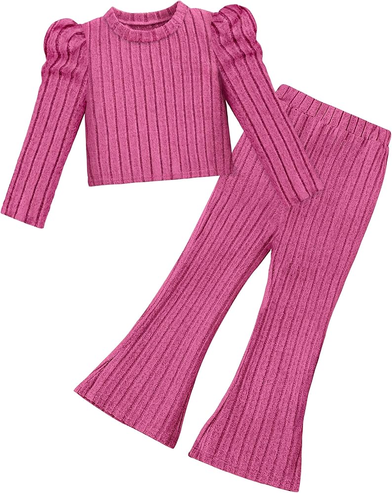 Toddler Girl Clothes 2 Piece Girls Outfit Rib-Knit Sweatsuits Puff Sleeve Pullover Flare Legging Pants Kids Tracksuit