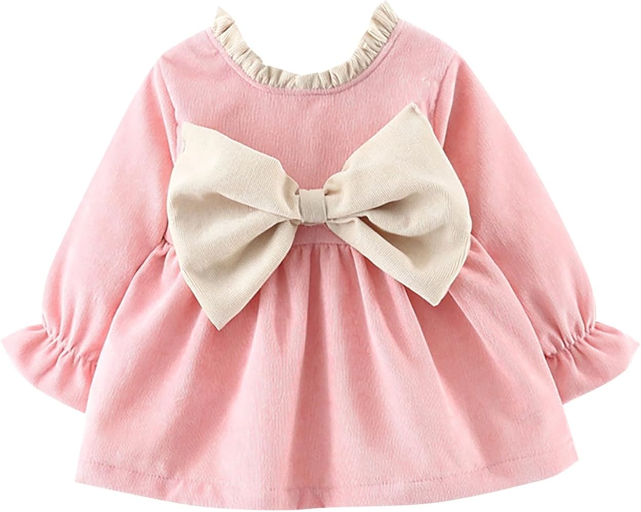 Toddler Cute Girls Dress Round Neck Ruffle Long Sleeve Plus Bow Decoration Solid Colour Skirt Autumn Winter