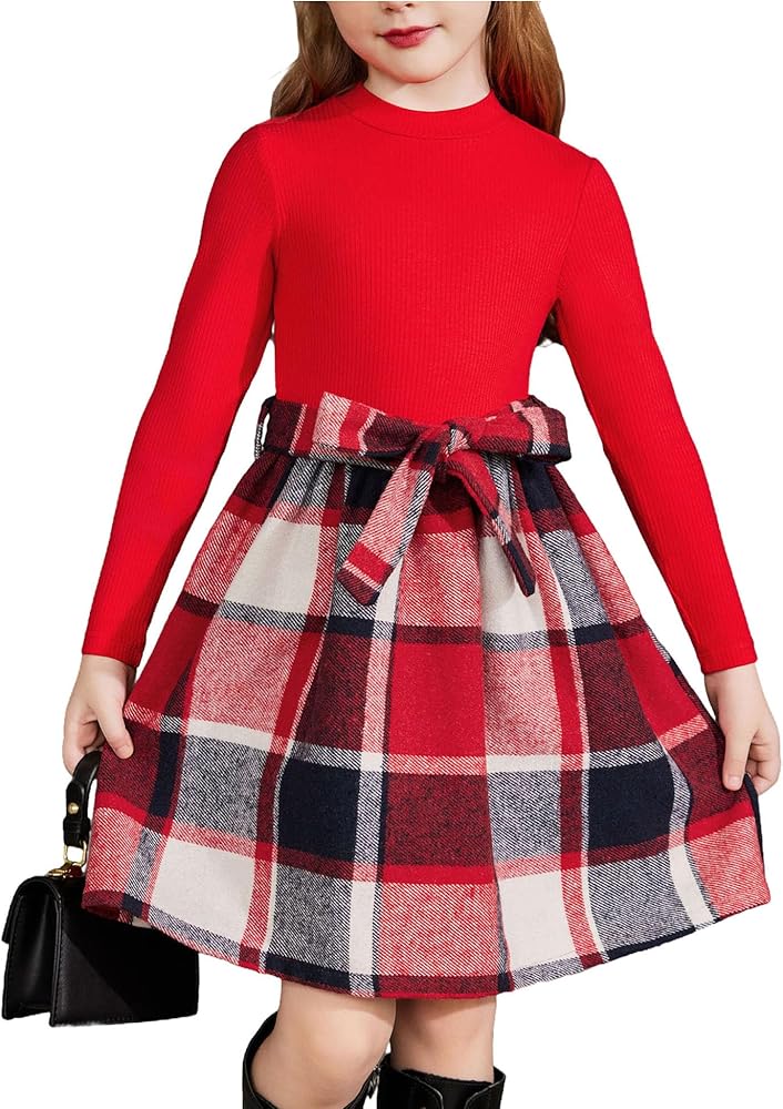 Arshiner Girls Dresses Long Sleeve Rib Knit Plaid Patchwork Belted Dress with Pockets