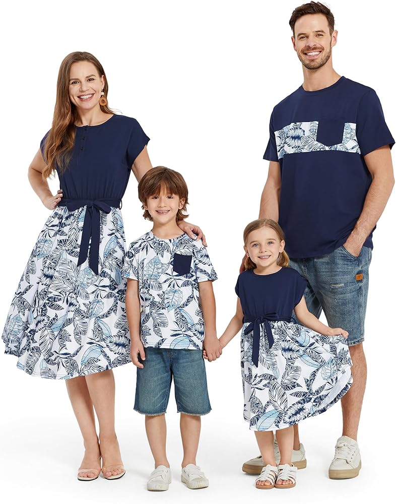 PATPAT Family Matching Outfits Short Sleeve Belted Spliced Pattern Print Dresses and Casual T-Shirts Matching Sets