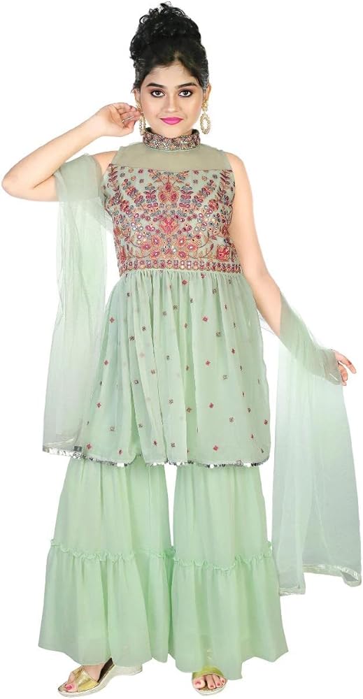 Indian Kids Wear Sequin Comfy Festive Kids Wear Georgette layered Mirror Sharara Garara for Girls K22