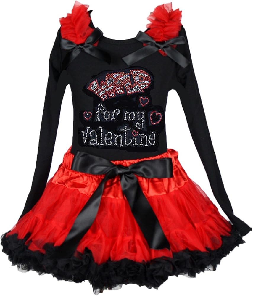 Petitebella Wild for My Valentine Dress Black L/s Cotton Shirt Red Black Skirt Girl Set 1-8y