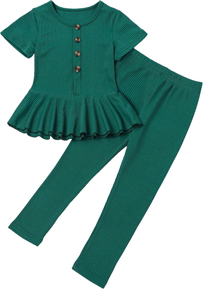 MakeMeChic Girl's 2 Piece Outfits Ruffle Hem Short Sleeve Crew Neck Button Peplum Tee Shirts and Pants Set Dark Green 7 Years