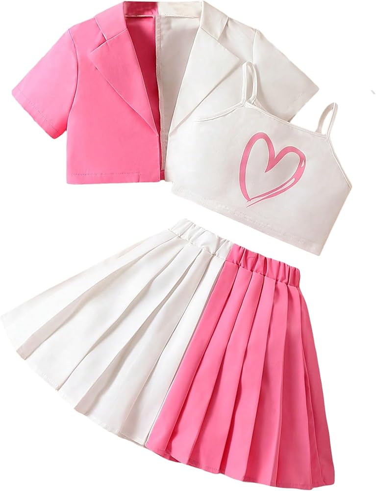 Verdusa Girl's 3 Piece Outfit Colorblock Blazer Cami Top and Pleated Skirt Sets