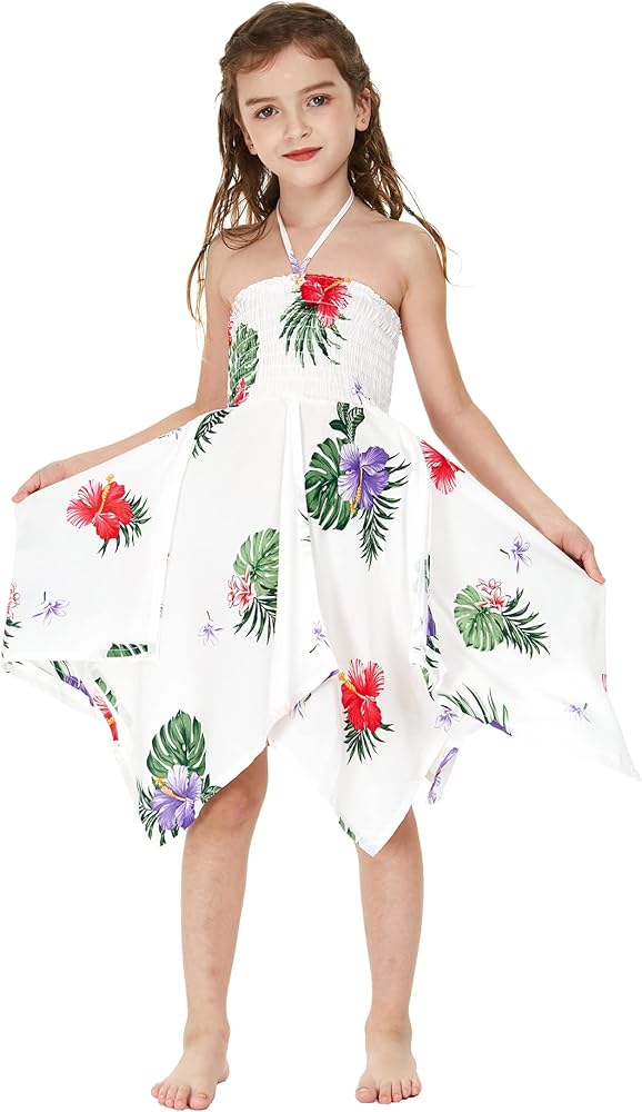 Girl Gypsy Uneven Bottom Hawaiian Luau Dress in Pretty Tropical