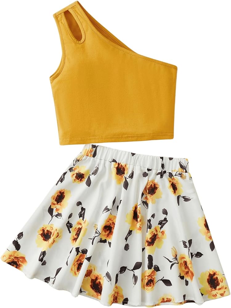 SHENHE Girl's Summer Outfits Cut Out One Shoulder Crop Tank and Floral Flare Skirt 2 Piece Set