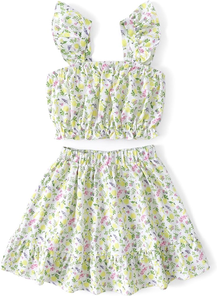 PATPAT Girls Clolthes Skirt Set 2 Piece Outfit Ruffle Sleeveless Floral Tank Top and Mini Skirt Set Girl Clothing Set