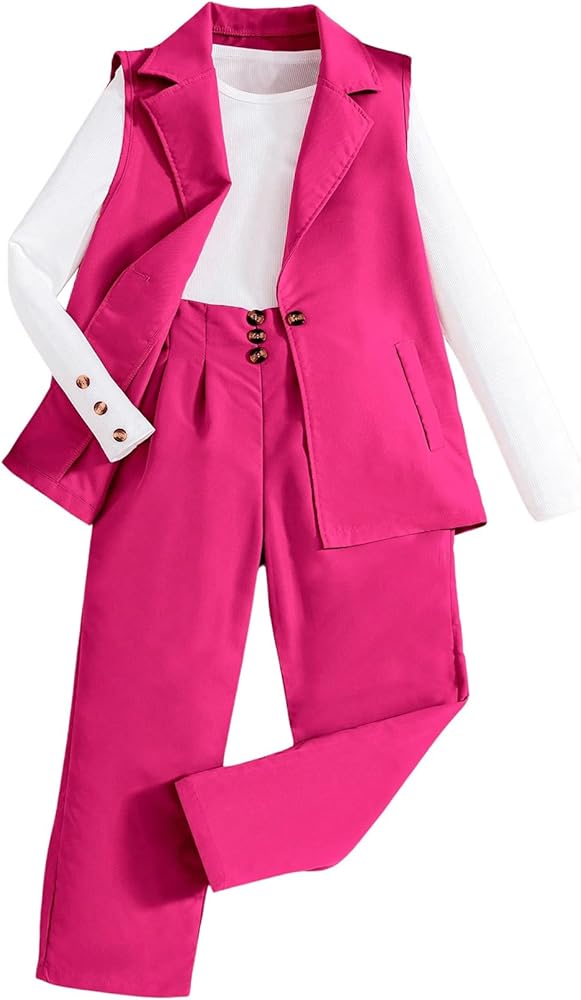 Floerns Girl's 3 Piece Outfit Long Sleeve T Shirt Pants Set with Blazer Vest