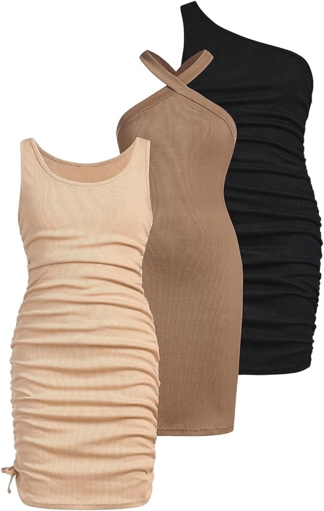 Floerns Girl's 3 Pcs Ruched Sleeveless Tank Dress Rib Knit Solid Bodycon Dress