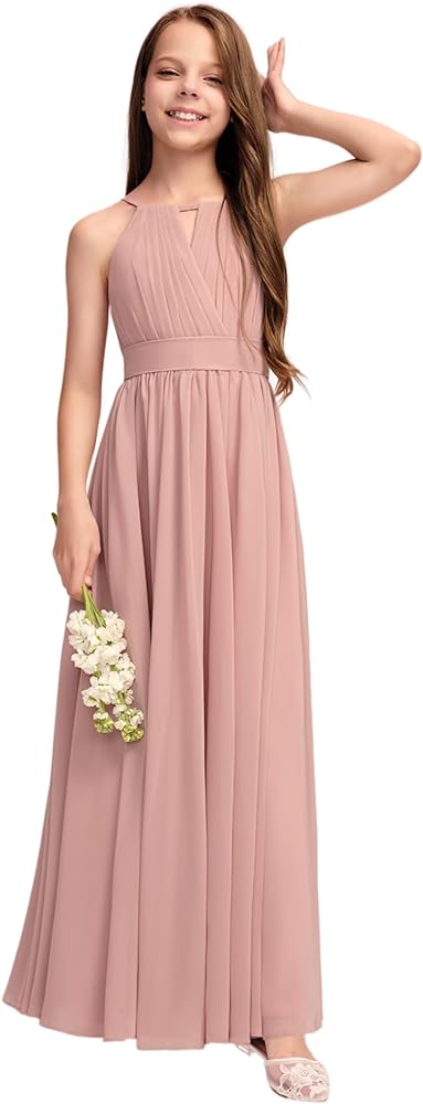 Junior Bridesmaid Dress, Flower Girl Dresses Bow Pleated Halter Floor-Length Chiffon Formal Dress for Party Wedding