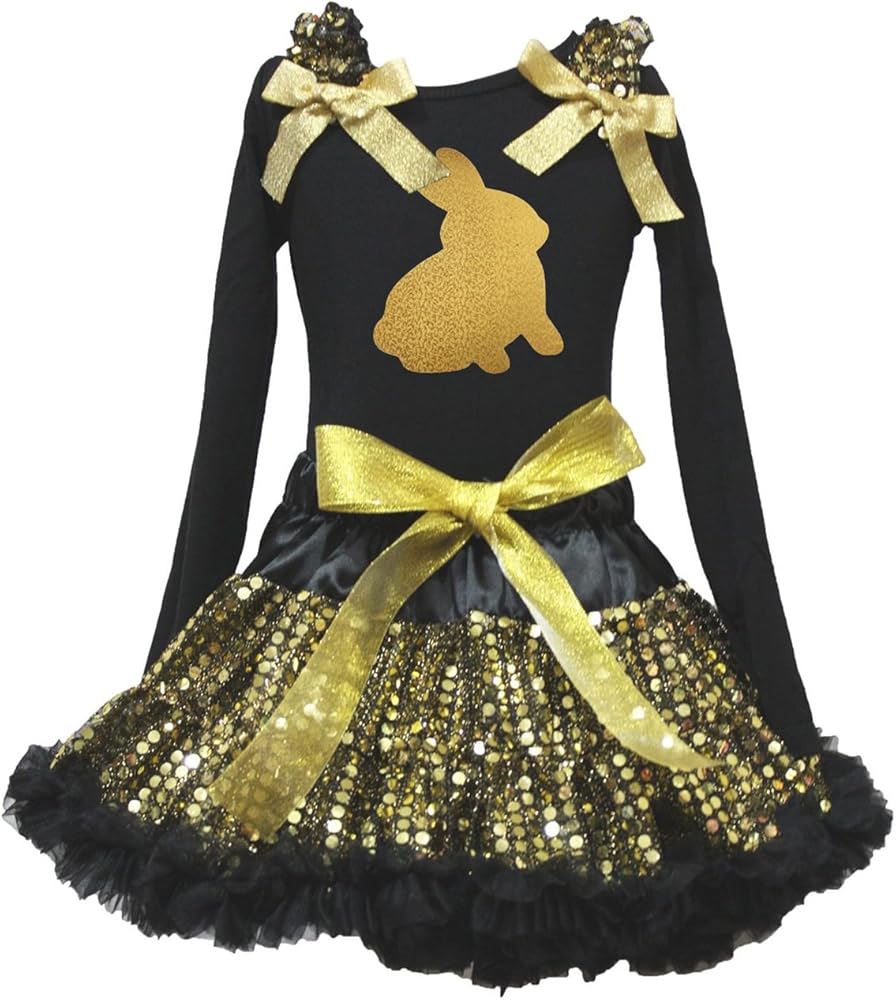 Easter Dress Golden Rabbit Paint Black L/s Shirt Black Gold Sequins Skirt 1-8y