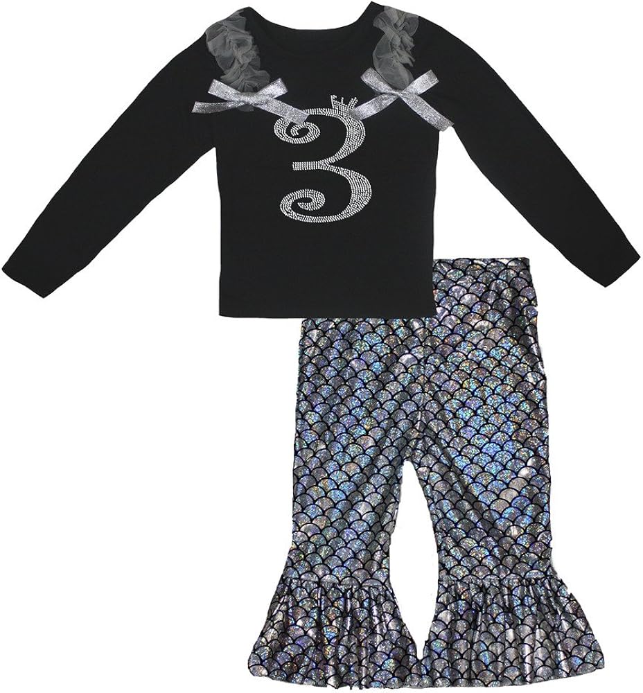 Petitebella Birthday Crown 3 Black L/s Shirt Silver Fish Scale Mermaid Pant 1-8y