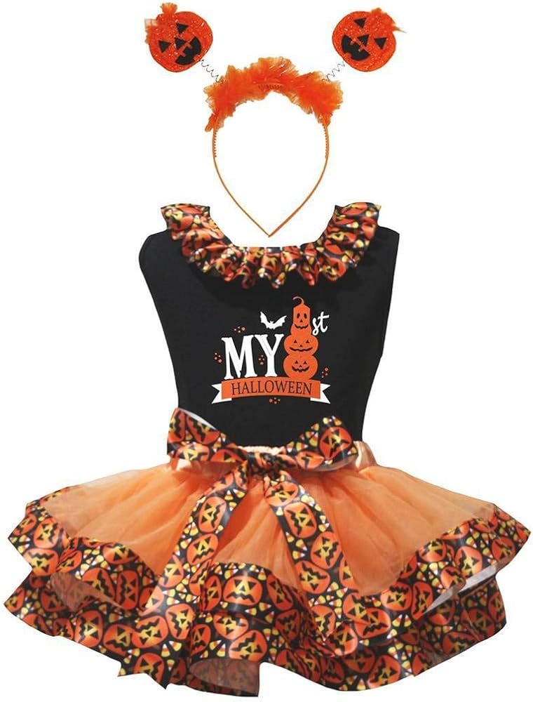 Petitebella 1st Halloween Black Shirt Orange Pumpkin Petal Skirt Headband Nb-8y