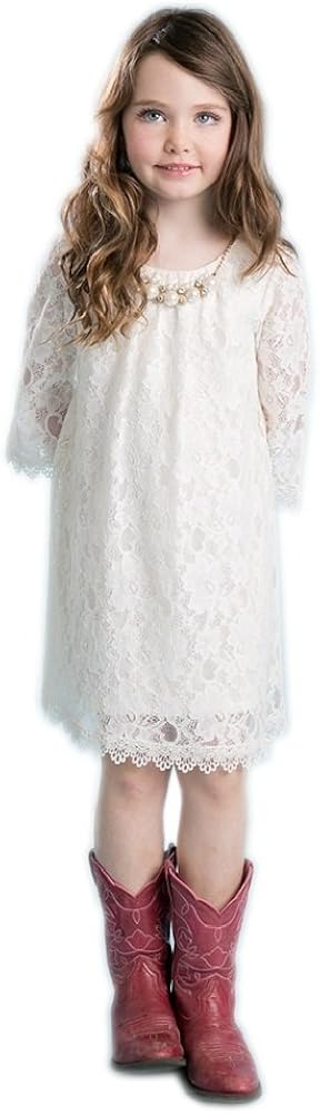 Little Girls' Ivory Lace Necklace 3/4 Sleeve Casual Flowers Girls Dresses