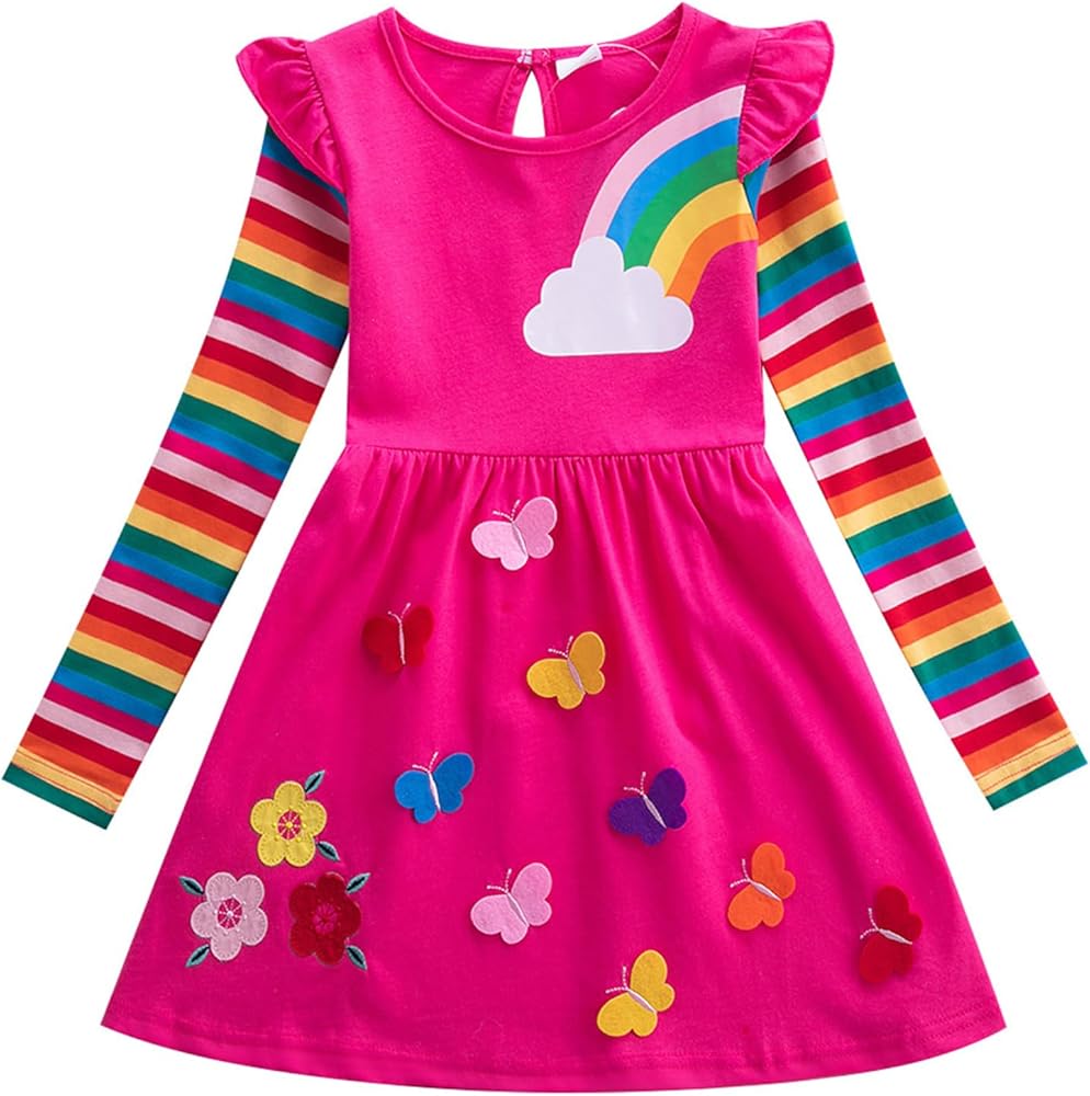 Little Girls Dresses Rainbow/Butterfly/Star Long Sleeve Casual T-Shirt Dress for Kids Fall Winter