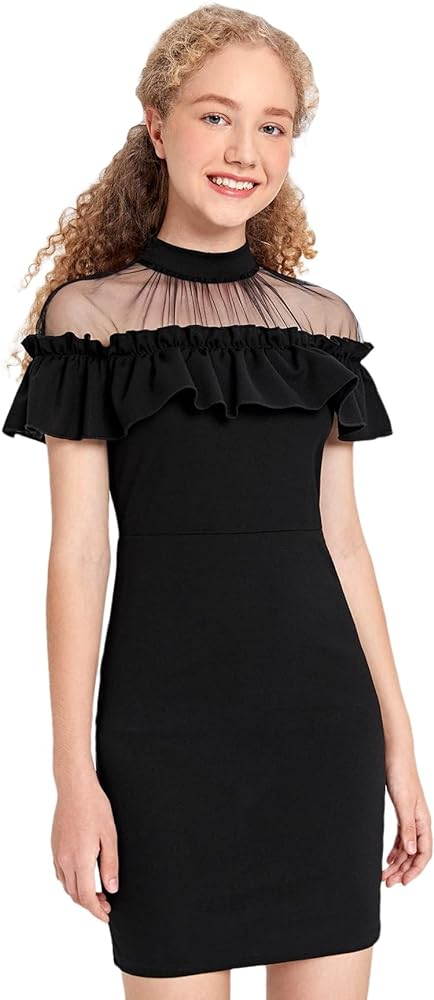 WDIRARA Girl's Mesh Ruffle Trim Short Sleeve Mock Neck Bodycon Short Dress