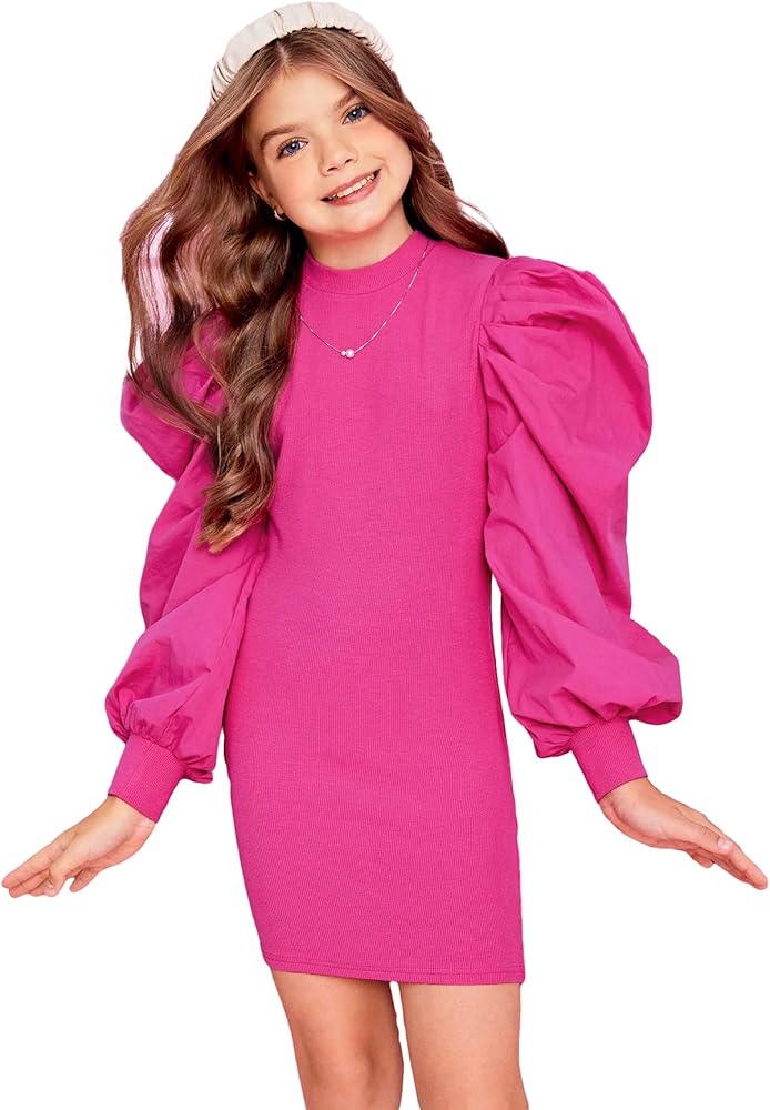 OYOANGLE Girl's Long Puff Sleeve Mock Neck Slim Fit Pencil Short Dress Birthday Party Dresses