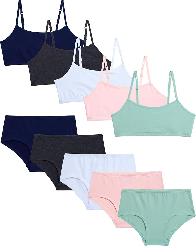 Rene Rofe Girls' Training Bra Set - 10 Piece Cotton Cami Bralette and Hipster Briefs (7-14)