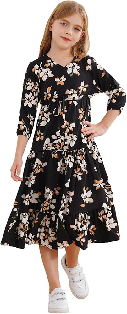 iiniim Kids Girls Summer Dress Long Sleeve A-line Casual Holiday Dress Floral Print Beach Dress