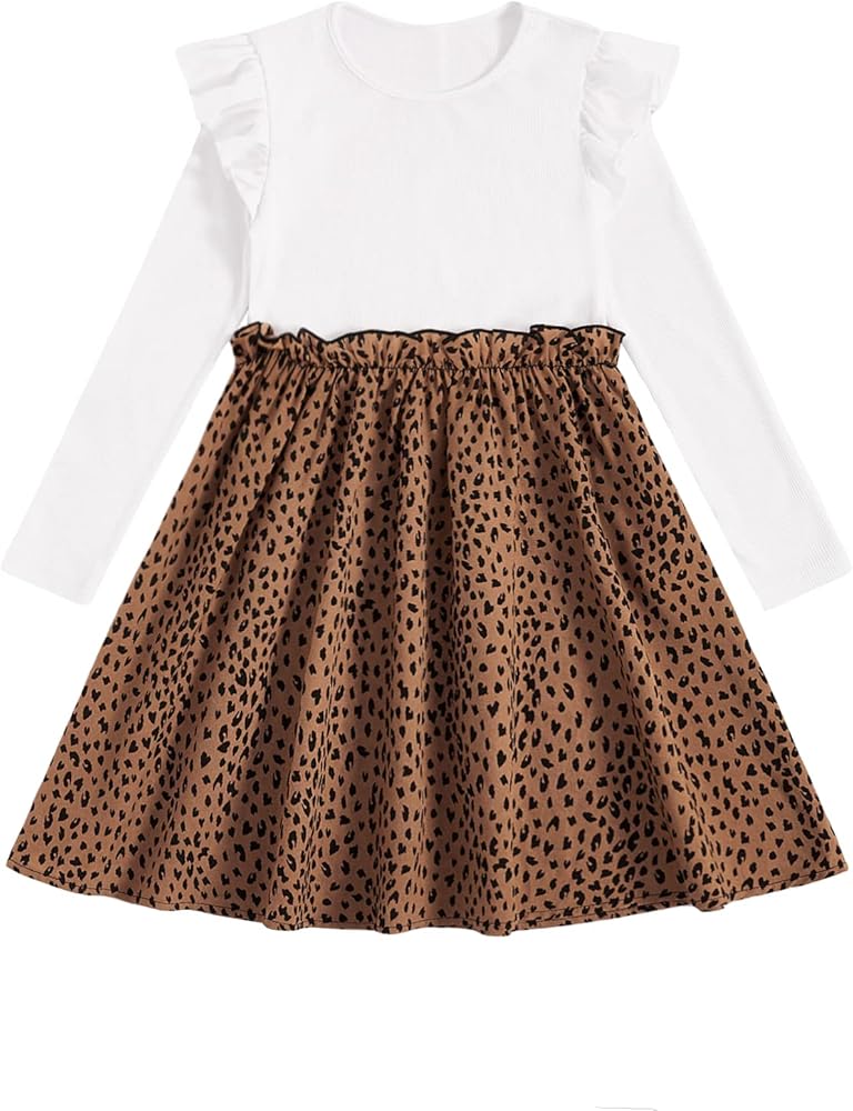 WDIRARA Girl's Leopard Print Ruffle Trim Long Sleeve Round Neck Flared Dress