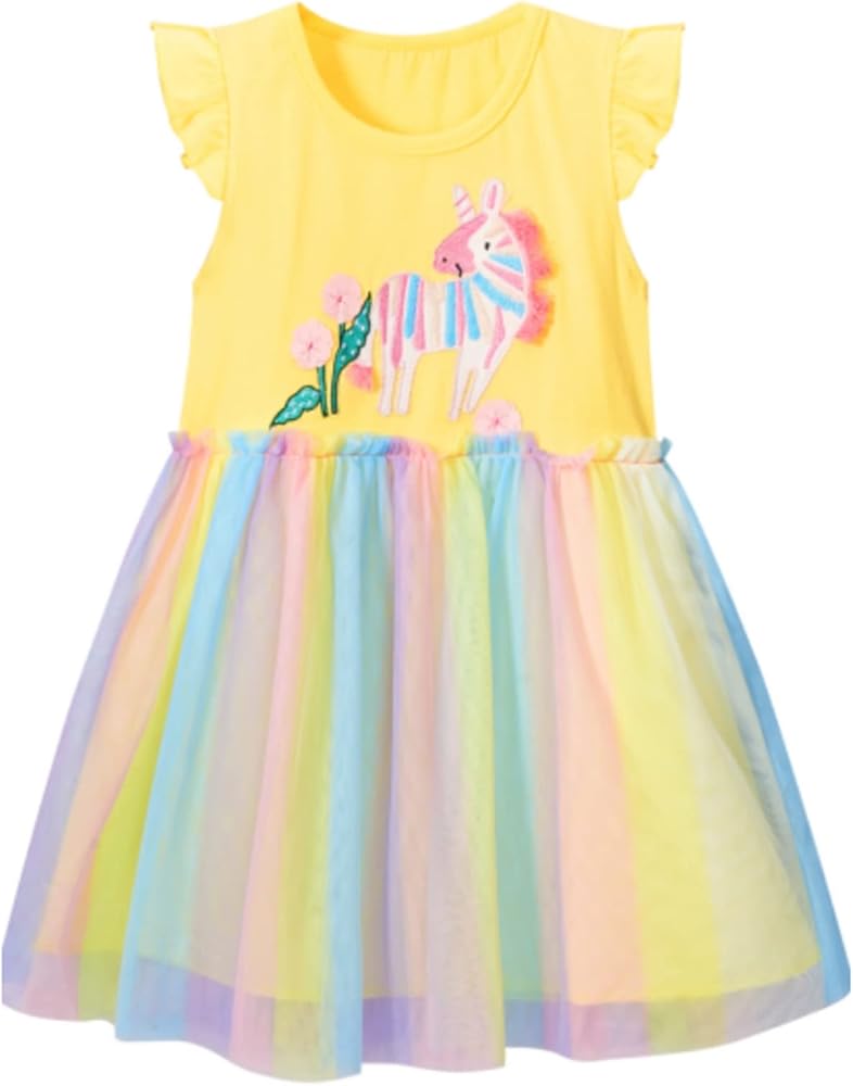 Toddler Girls Summer Dress Ruffle Short Sleeve Cotton Casual Easter Yellow Unicorn Tutu Tulle Party Sundress 2T