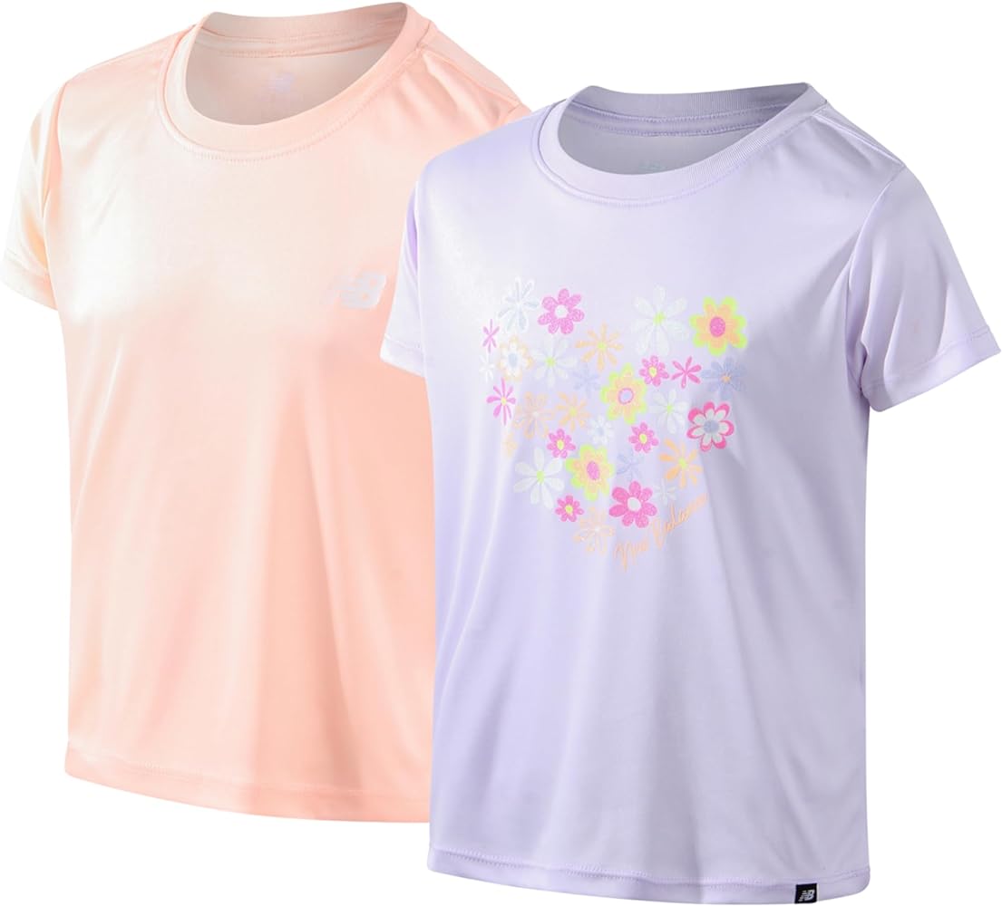 New Balance Girls' Active T-Shirt - 2 Pack Performance Short Sleeve Shirts - Cute Athletic Graphic Tees for Girls (7-16)