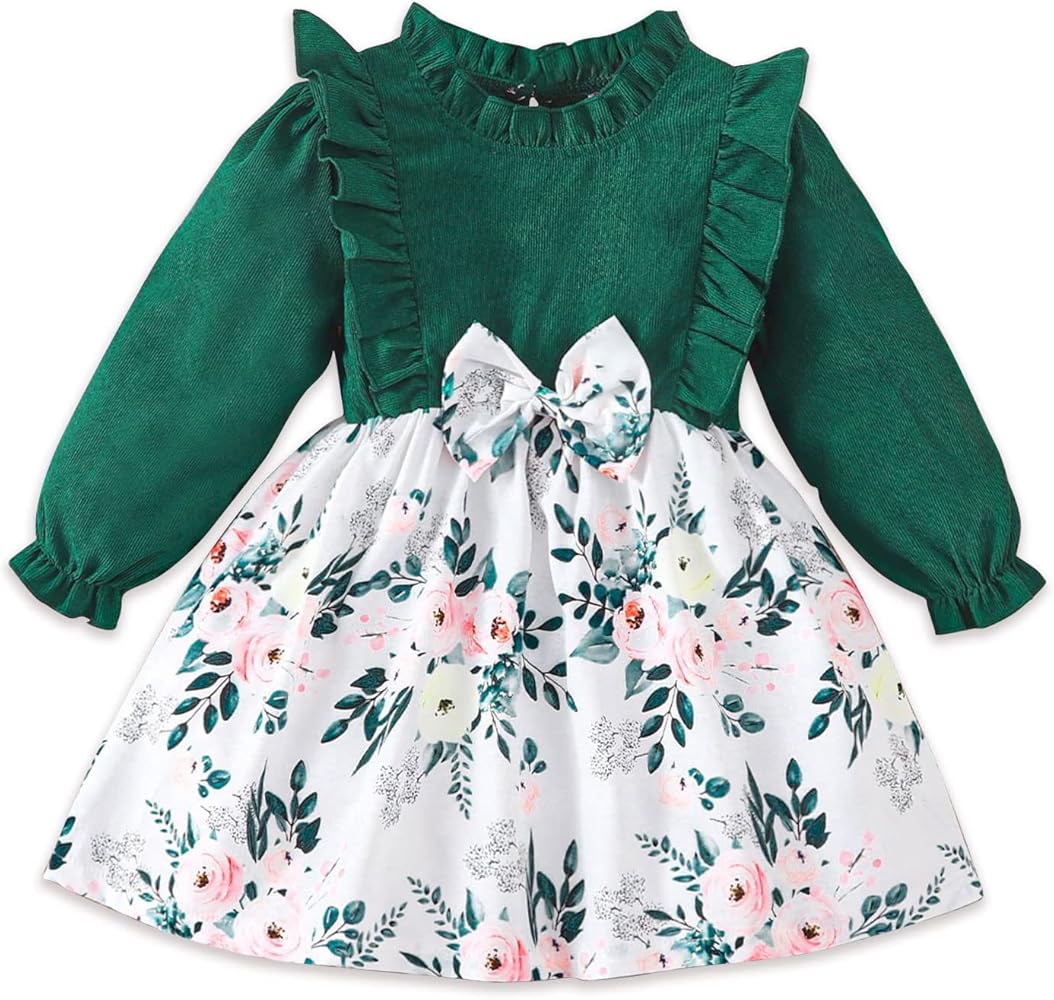 PATPAT Toddler Girl Dress Toddler Girl Floral Print Dress Long Sleeve Green Dress 2 Years