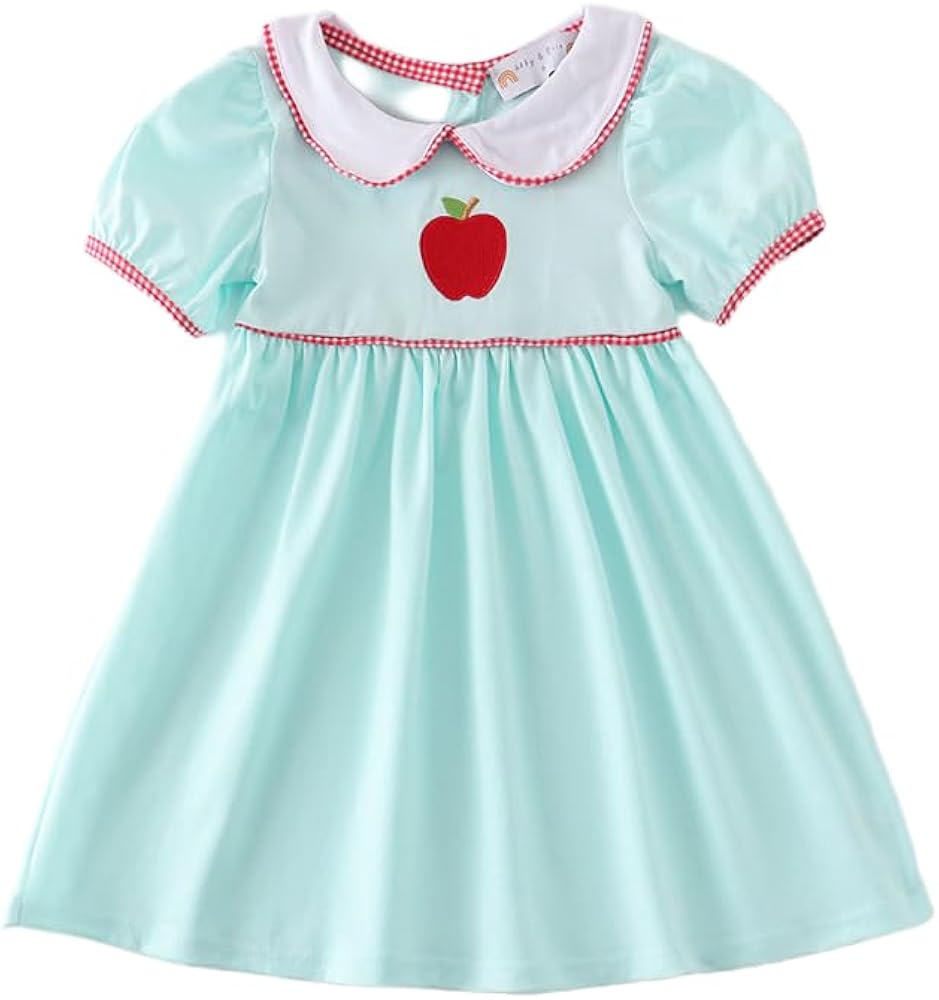 Blue Apples Embroidery Back to School Girls Short Sleeve Dress