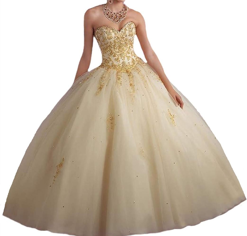 QXMYOO Ball Gown Sweet 16 Dress Quinceanera Formal Long Prom Dresses with Gold Applique