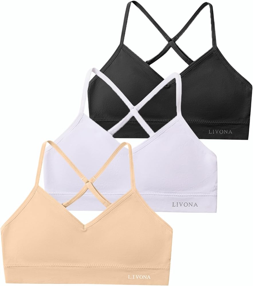 Racerback Training Bra for Girls- 3 Pack Seamless Sports Bra, Padded Everyday Bra Bralette,Crop Cami Tank Top (6-14)