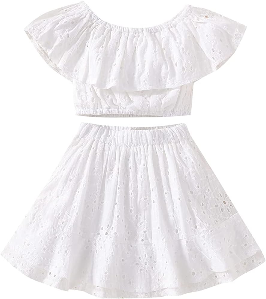 Kids Baby Girls Outfits Floral Ruffle Off Shoulder Crop Tops + Bowknot Denim Shorts Skirt Set Toddler Summer Clothes