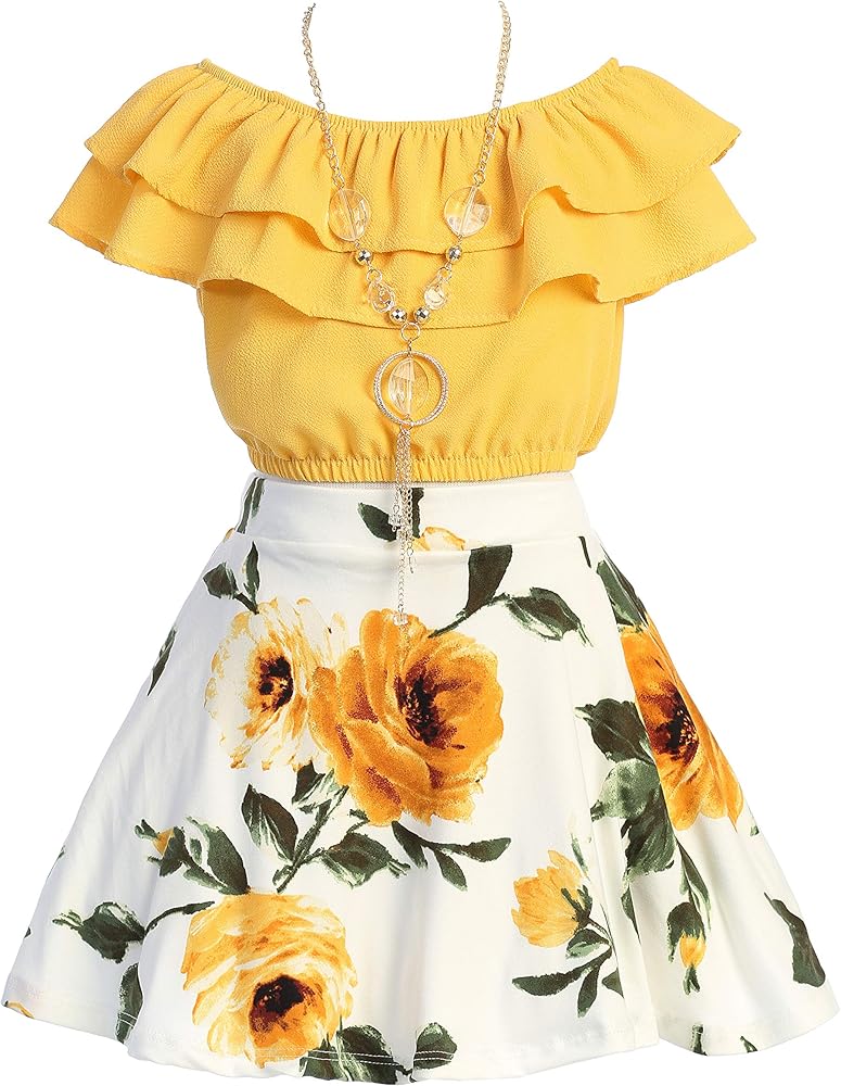 Cold Shoulder Crop Top Ruffle Layered Top Flower Girl Skirt Sets for Girl