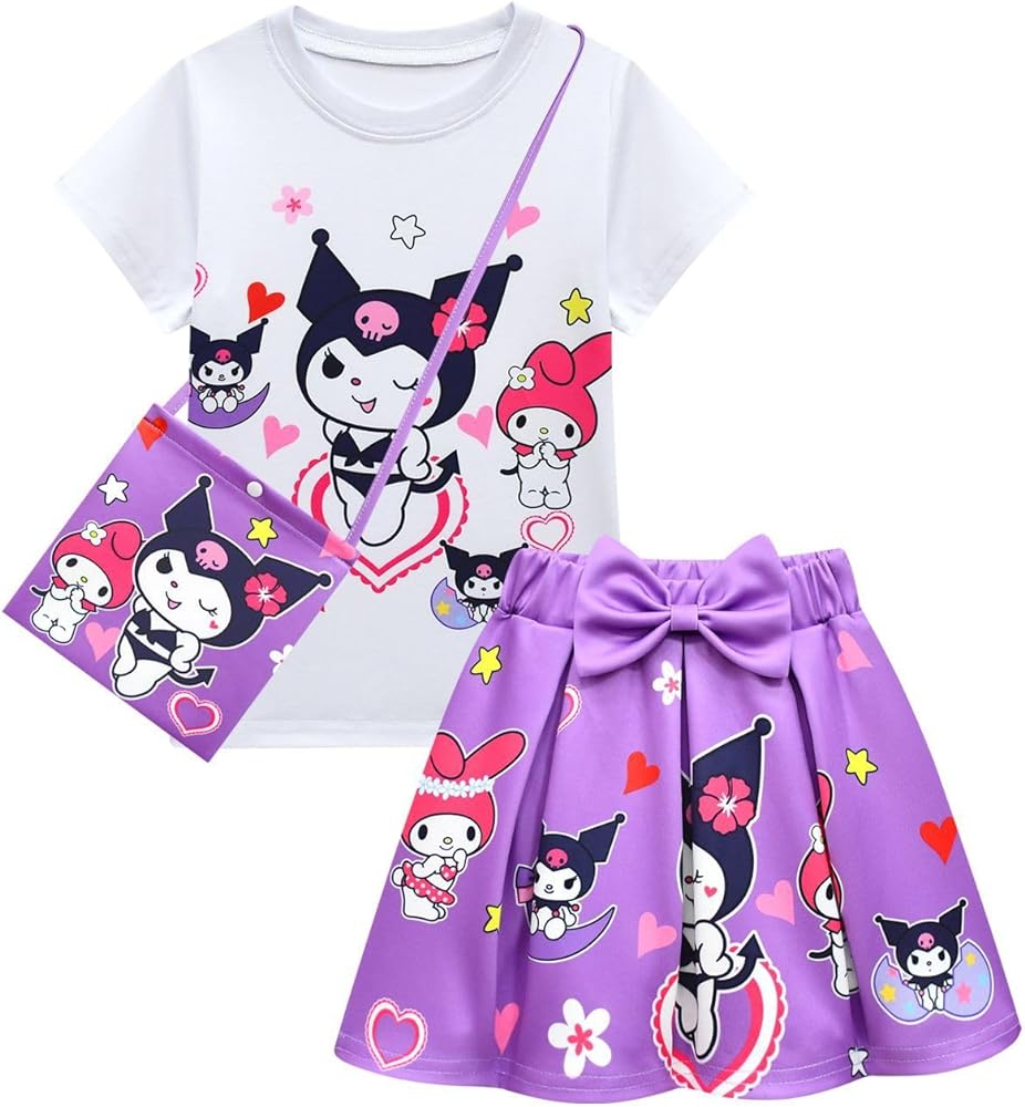 Girls Cute Cat Graphic T-Shirt and Skirt Set, Short Sleeve, Summer, Casual Clothing, Kuro-mis Princess Gift