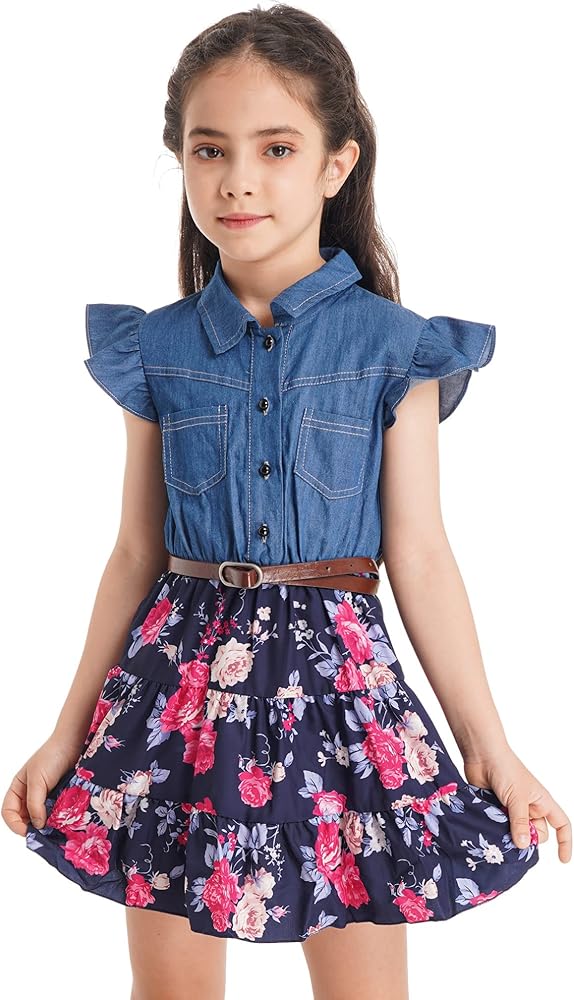 Kids Girls Denim Crop Tops Dress with Adjustable Belt Flutter Sleeve Floral Printed Swing Skirt Summer Casual Sundress