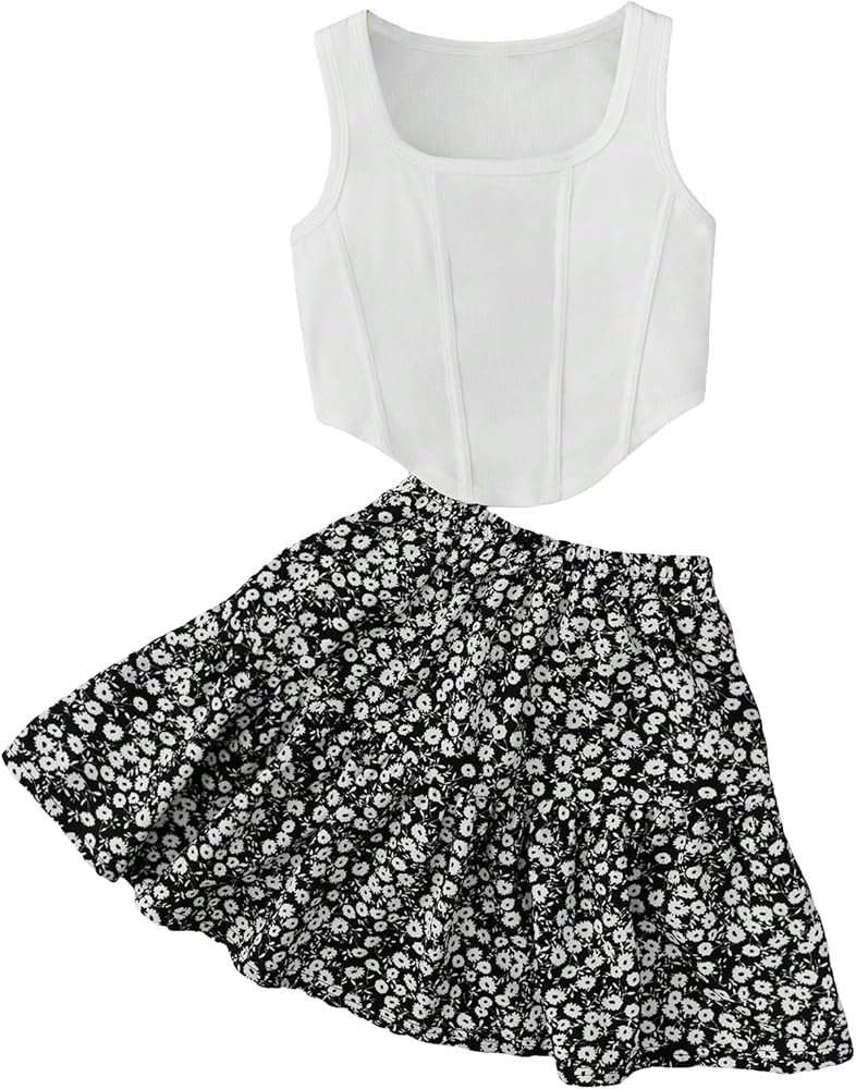 Verdusa Girl's 2 Piece Outfits Square Neck Asymmetrical Tank Top with Ruffle Skirt