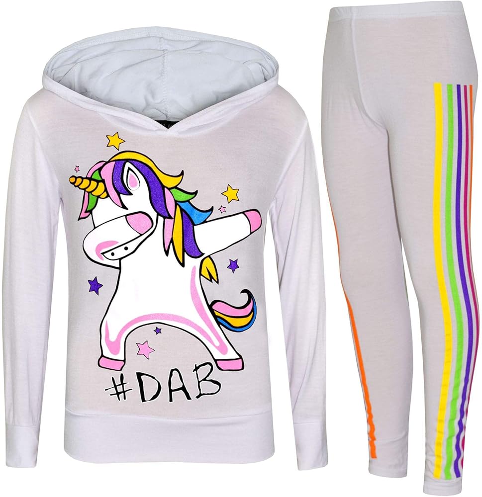 Kids Girls Unicorn Rainbow #Dab Floss White Top Legging Set Tracksuit 7-13 Years